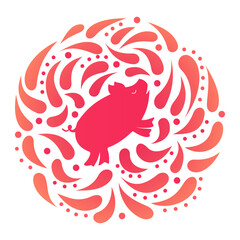 Piglet icon in a round frame with dynamic drops. Isolated on white background. Vector illustration.