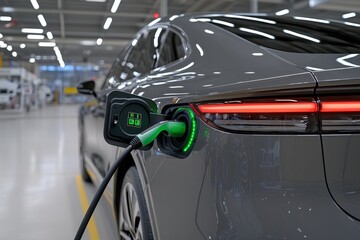 A close-up of an electric vehicle charger connected to a sleek modern car, with green indicators glowing on the display