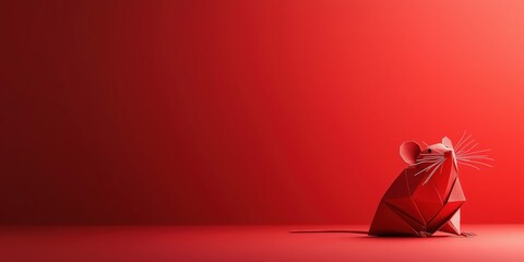 A cartoon origami Chinese Rat celebrating Chinese New Year in front of a red background