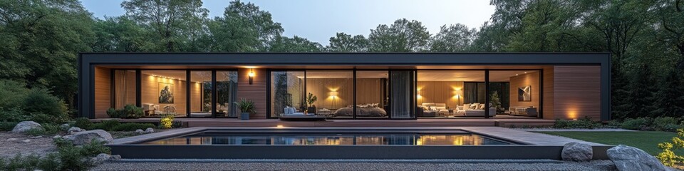 Fototapeta premium Modern single-story luxury home with glass walls and an illuminated pool, ideal for real estate banners, architectural showcases, and lifestyle designs.