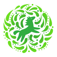 Horse icon in a round frame with dynamic drops. Isolated on white background. Vector illustration.