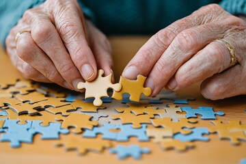 A close-up of hands working on a puzzle, placing the final piece with visible care and effort