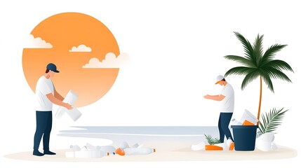 Obraz premium Flat vector illustration of a clean-up initiative to remove plastic waste from a beach