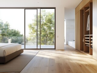 Obraz premium Modern nursery interior design with natural light and wooden furniture.