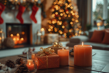 A cozy living room with a Christmas tree and a fireplace