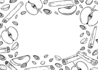 Almond seed, apple slice and cinnamon stick vector horizontal frame in black and white colors. Nuts with fruits, seasoning ingredients monochrome illustration with empty space for text.