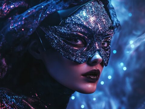 Dazzling masked figure with shimmering sparkling eyes