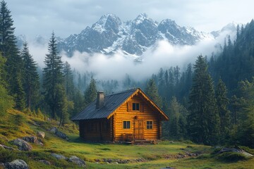 Charming wooden cabin surrounded by majestic mountains and trees