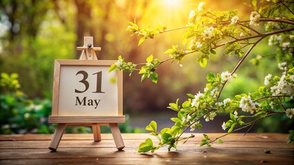 Conceptual Photography of May 31 Calendar Date on an Easel with Green Branch Accents and Brown Spring Background, Symbolizing the End of the Month and Nature's Transition