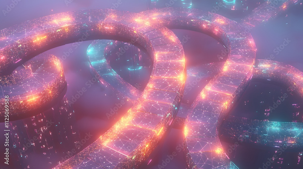 Poster a glowing seamless pathway of interconnected geometric shapes in soft pastel tones.