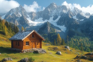 Fototapeta premium Mountain cabin surrounded by majestic peaks and greenery