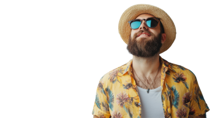 Tropical, Shirt Bearded Man Summer Fashion Adventure Relaxed Happy Outdoors Isolated on white background or PNG