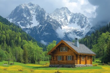 Fototapeta premium Cozy log cabin nestled in a lush mountain landscape
