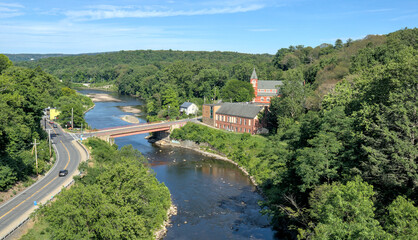 view of a bridge over the rondout creek and a small church in rosendale new york (seen from the wallkill valley rail trail) trestle crossing high falls new paltz © Yuriy T