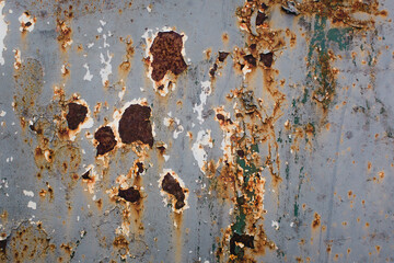 The texture of a metal surface with peeling paint and patches of rust, showcasing a rugged and timeworn aesthetic.