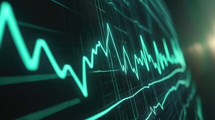 Fototapeta premium A close-up of a digital heart rate monitor displaying a heartbeat waveform, vibrant green lines against a dark background, illustrating medical technology