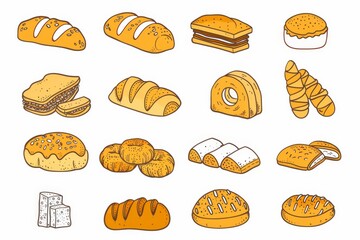 Bread loaves icon, bakery products set, flat minimal pastry collection, baked buns, baguettes symbols