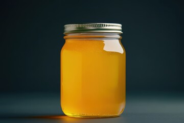 Bright Yellow Honey in Rustic Jar Against Dark Background