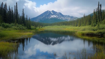 Fototapeta premium Mountain Lake Reflected In Calm Water Surrounded By Trees