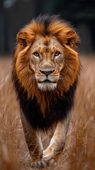 Obraz premium Majestic lion walking towards camera in tall grass.