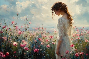 A young woman in a white dress stands in a field of pink flowers under a dreamy sky.