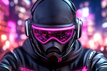 A cyberpunk-themed image of a worker in a glowing neon city, manually repairing high-tech machinery under the glow of holograms, symbolizing effort in a futuristic world