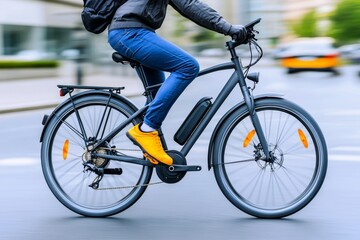 Obraz premium A cyclist riding a sleek electric bicycle along a city street lined with solar-powered streetlights