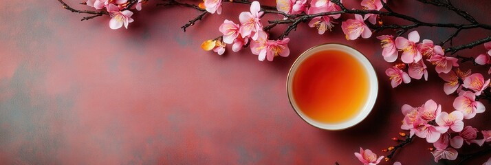 Spring Serenity: Floral Blossom and Tea Harmony for Relaxation and Design, Chinese New Year Celebration