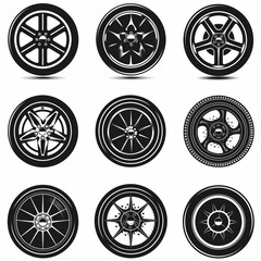 Car wheels icon, tire silhouettes, rim symbol, auto wheels sign, car tyre pictograms, minimal