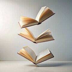 Fototapeta premium Three books hover gracefully above a surface, their pages open wide, inviting readers into a world of stories and adventure. The soft lighting enhances the enchanting display