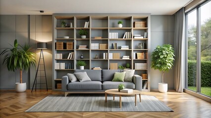 Contemporary Minimalist Living Space with Gray Bookshelf and Ample Copy Space for Stylish Design Inspiration