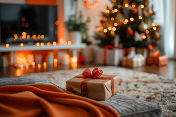A brown box with a red ribbon sits on a rug in front of a Christmas tree