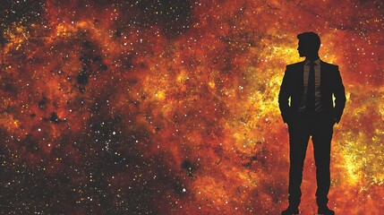 man's silhouette merged with a cosmic background, representing his aspirations and dreams.A dramatic and evocative image, suggesting a strong connection to the universe and the pursuit of higher 