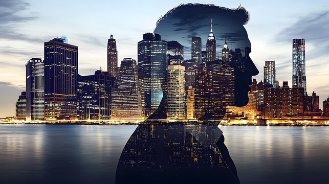 man's silhouette merged with a cityscape at night, symbolizing his urban identity and nocturnal lifestyle.A moody and atmospheric image that captures the energy and excitement of city life. 