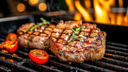 A close-up shot of a sizzling ribeye steak being cooked on a grill, showcasing the sear marks and juicy texture, with flames in the background for an appetizing effect.