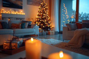 A cozy living room with a Christmas tree and candles
