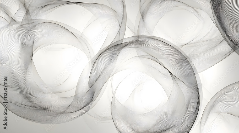 Poster an abstract depiction of interwoven circles glowing softly against a clean white background.