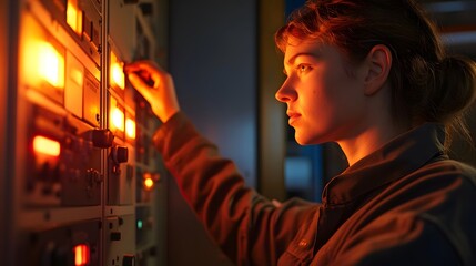 Close-up of a technician adjusting settings on an electrical control panel, the warm glow reflecting on their concentrated face.