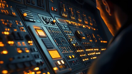 Close-up of an electrical control panel with glowing buttons and indicators, shadows highlighting the intensity of the technician's focus.
