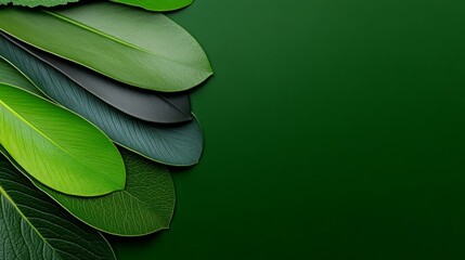 Various shades of green leaves arranged in a layered pattern on a vibrant green background