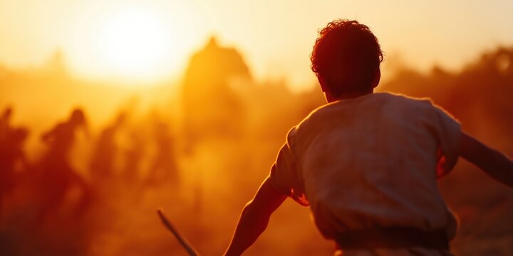 An intense moment of David standing before Goliath, sling in hand