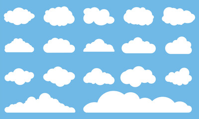 Cloud Shapes Vector Set. White Fluffy Cloud Icons on Blue Sky. Thinking bubbles, cloud message shapes. Collection of white cloud illustration.Cartoon Style sky vector set for Graphics and Background