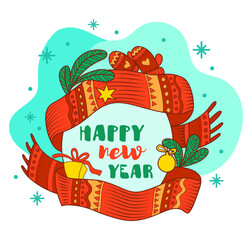 A greeting card for the new year and Christmas. Hand-drawn illustration, doodle style. Space for your message.