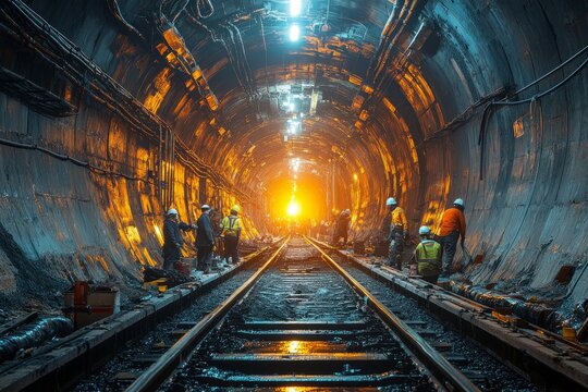 Fototapeta Construction workers improve underground tunnel for transit