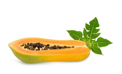 ripe papaya fruit with seeds isolated on white background. full depth of field