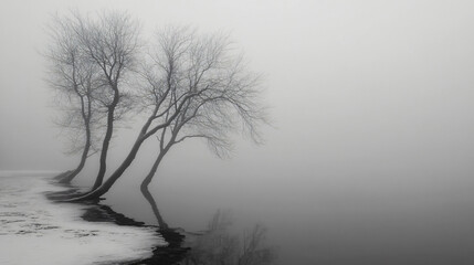 Obraz premium Frozen landscapes under a blanket of fog, stillness interrupted.