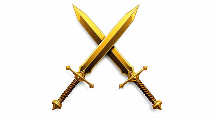 Two golden swords with intricate details cross against a white background. The blades are sharp, the hilts ornate, suggesting power and medieval combat.
