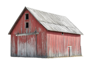 old rustic red wooden barn isolated on white background, weathered wooden barn cutout png