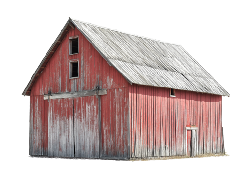 old rustic red wooden barn isolated on white background, weathered wooden barn cutout png