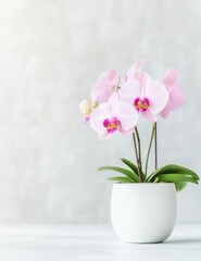 Elegant Pink Orchid in White Pot on Minimalist Background